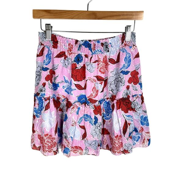 BB Dakota Steve Madden Skirt M Pink Blue Floral Tiered Ruffle First Class Mini - Picture 4 of 11